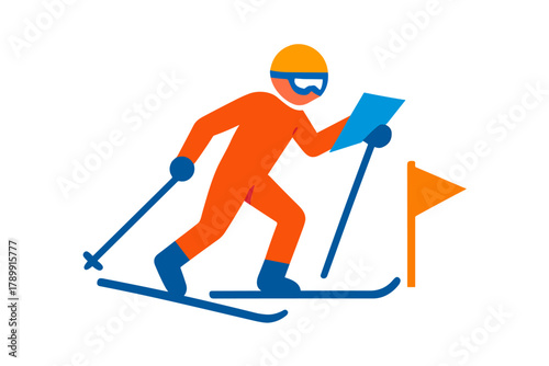 Ski navigation and winter sports challenge. Orienteering, cross-country skiing, outdoor adventure activity. Vector illustration.