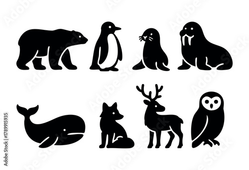 A set of eight black silhouette animal icons, including a polar bear, penguin, seal, walrus, whale, arctic fox, deer, and owl, isolated on a white background. Perfect for children's illustrations, log