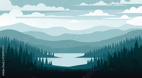 Serene Forest Landscape with a Calm Lake and Distant Blue Mountains Under a Cloudy Sky