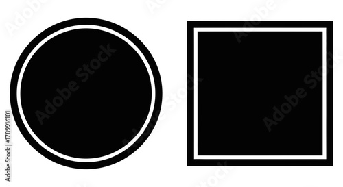 Geometric shapes icon featuring a black circle with a white outline and a black square with a white outline, perfect for graphic design and web elements