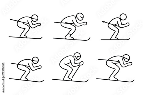 Downhill ski poses icon collection for winter sports apps and training visuals. Minimal skier motion set for infographics and UI. Vector illustration.