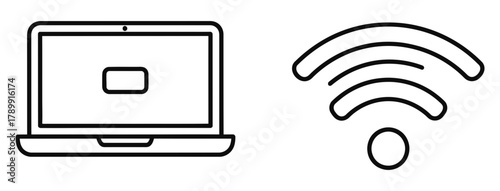 Vector graphic depicting a laptop computer alongside a Wi-Fi signal, symbolizing modern digital connectivity, wireless internet access, and portable technology for communication