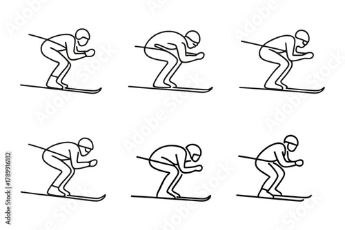Linear ski pose icon pack for winter sports design and mobile interface. Skier movement sequence for app UI and infographics. Vector illustration.
