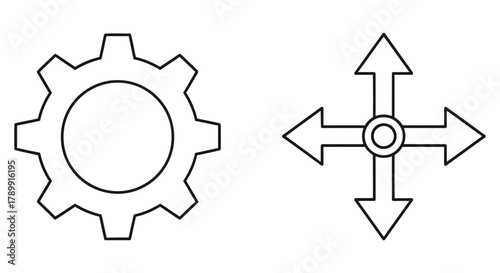 Vector line icons a cogwheel for system settings, operational adjustments, and configuration, plus a directional arrow for navigation and precise control