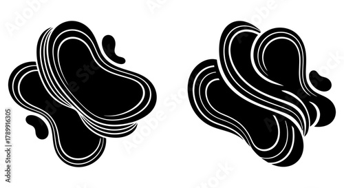 A set of two abstract monochrome vector elements with smoothly flowing lines creating dynamic, organic, and fluid shapes for modern graphic design