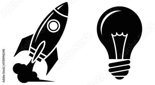 Vector artwork depicting a dynamic rocket launch beside an iconic lightbulb, symbolizing the ignition of brilliant new ideas and successful business startup innovation