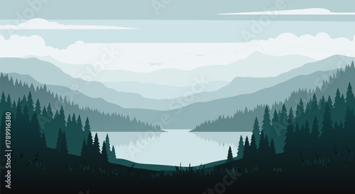 Beautiful panoramic view of a mountain lake and forest landscape, a peaceful and serene nature background illustration. d