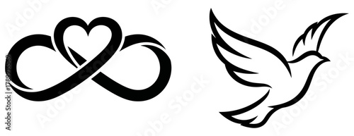 Minimalist black line art collection with a heart infinity symbol for everlasting love and a peace dove silhouette for hope and spirituality