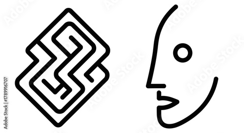 Minimalist abstract graphic icon collection featuring an intricate geometric maze pattern alongside a sleek human face profile, symbolizing complex thought and digital innovation
