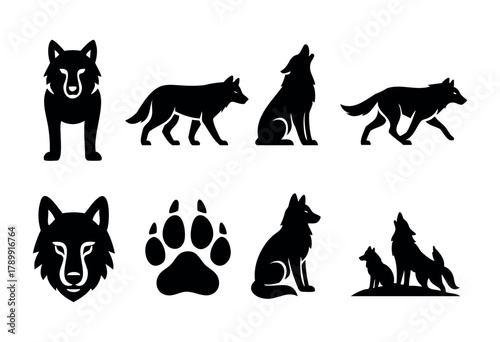 Collection of eight stylized black wolf silhouettes in various poses, including standing, walking, sitting, howling, and a wolf paw print. Perfect for logo design, branding, or wildlife illustrations.