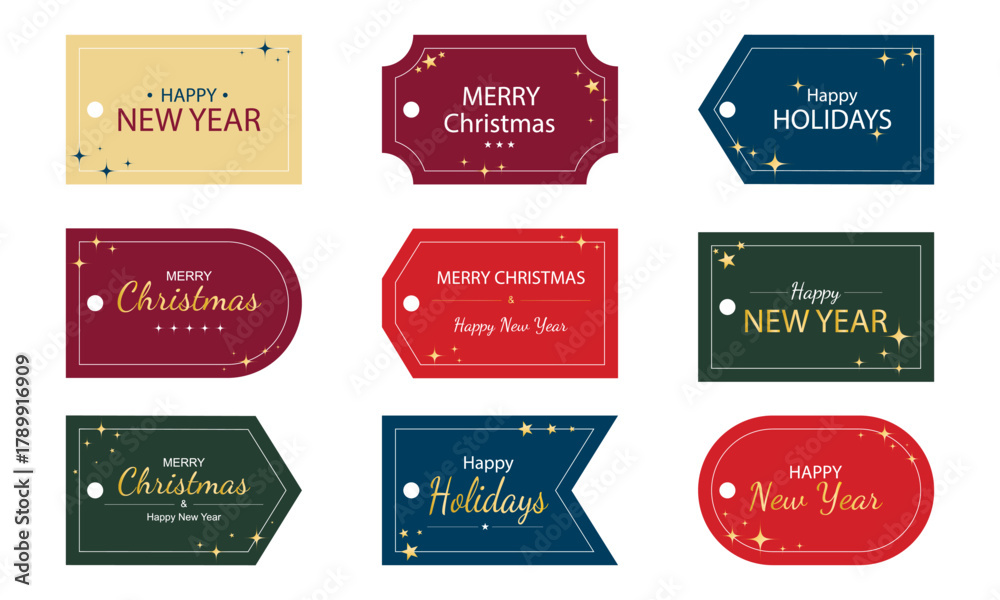 Obraz premium Set of label templates with greeting text. Tags with gold glitter, sparkles and stars. Happy New Year, Happy Christmas, Happy Holidays labels, vector elements