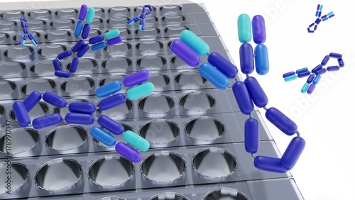 A 3d rendering of manipulation or study of IgE molecules using an ELISA or a similar microplate-based technique. The allergic diagnostics or molecular biology research involving IgE.