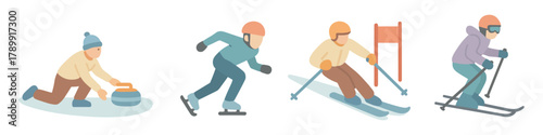 Cartoon winter sports people set with curling, skating, and skiing activities. Flat style character icons for education, infographics, and mobile apps. Vector illustration.