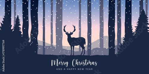 christmas winter border with deer in forest vector illustration