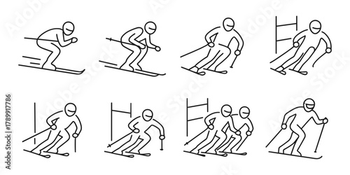 Downhill skiing icon collection showing race, slalom, and freestyle techniques. Linear sport symbols for infographics, guides, and UI design. Vector illustration.