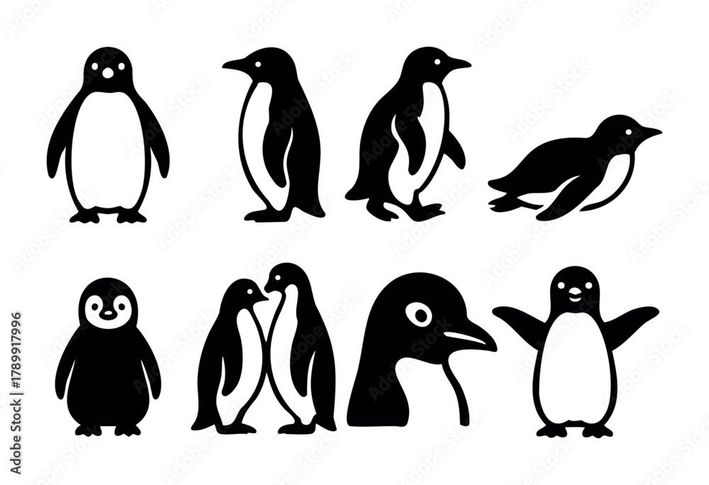 Obraz premium Collection of eight cute penguin illustrations in a simple black and white line art style. Penguins are depicted in various poses: standing, walking, swimming, and cuddling. Perfect for children's boo