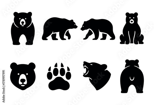 A set of nine black bear silhouettes in various poses, including front, side, and back views, along with a bear paw print and a roaring bear head. Perfect for logo design, branding, or wildlife illust
