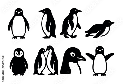 Collection of eight cute penguin illustrations in a simple black and white line art style. Penguins are depicted in various poses: standing, walking, swimming, and cuddling. Perfect for children's boo