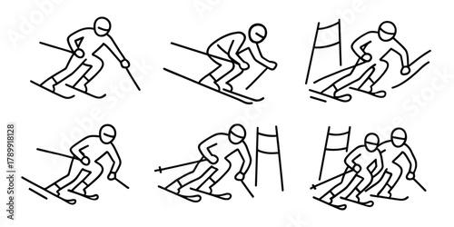 Alpine skiing icon set with slalom and downhill race positions. Linear winter sports symbols for apps, infographics, and active lifestyle design. Vector illustration.