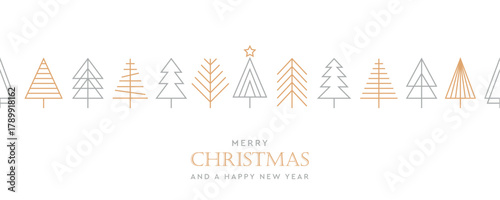 christmas greeting card with minimalistic fir tree seamless border vector illustration