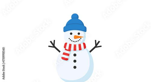 Delightful snowman with a blue hat and striped scarf spreading winter cheer, perfect for holiday cards, seasonal promotions, and festive designs
