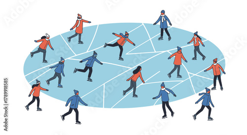 Enjoy Winter Together Ice Skating Fun: People Skating on Ice, Winter Sports and Recreation, Skating Rink Fun, Winter Activities, Community Event