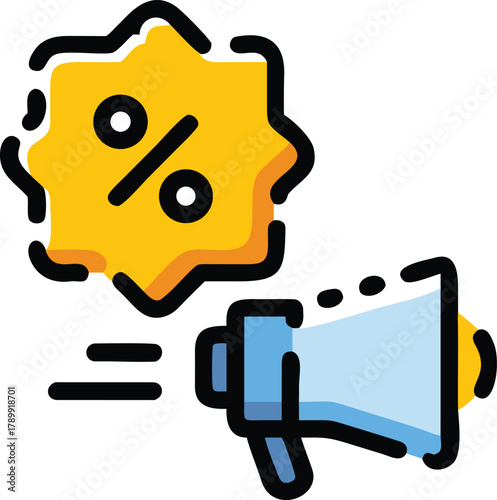 A blue megaphone facing right emits lines towards a yellow starburst shape with a bold percentage sign, conveying promotion or discount announcement.