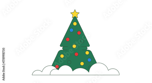 Festive Christmas tree illustration with colorful ornaments and star, perfect for holiday greetings, seasonal promotions, and winter designs that bring joy
