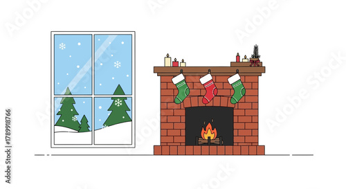 Cozy holiday scene with a warm fireplace, stockings, and snowy winter scene outside the window, evoking a festive, comforting feeling of Christmas cheer