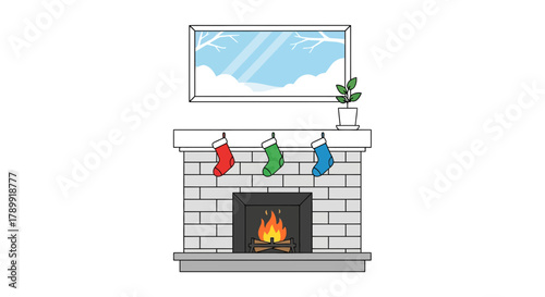 Festive fireplace with stockings and winter scene, cozy holiday atmosphere, perfect for Christmas cards and seasonal greetings, originally created as a scalable graphic