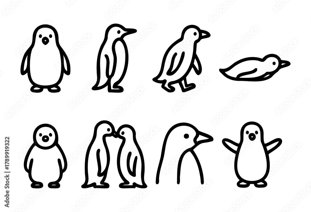 Naklejka premium A set of eight adorable penguin illustrations, depicted in a simple line art style. The penguins are shown in various poses, including standing, walking, swimming, and cuddling