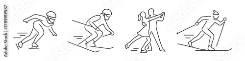 Winter sports icon set with speed skating, downhill skiing, figure skating, and cross-country skiing. Minimal linear symbols for apps, infographics, and fitness themes. Vector illustration.