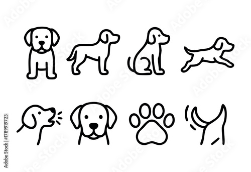 Set of eight dog icons in outline style. Includes various poses: standing, sitting, running, barking, and headshots. Also features paw print and tail wagging icons. Perfect for pet-related websites, a