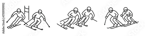 Alpine skiing icon set with slalom and downhill racing athletes in action. Linear winter sport illustrations for infographics, apps, and competition design. Vector illustration.