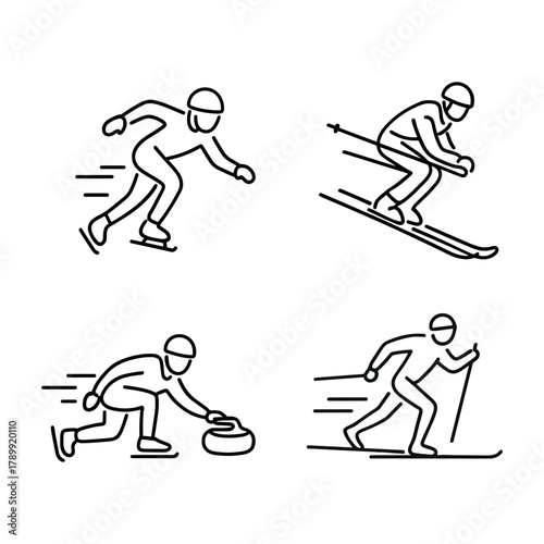 Winter sports icon set with speed skating, alpine skiing, curling, and cross-country skiing. Linear style symbols for apps, infographics, and active lifestyle visuals. Vector illustration.