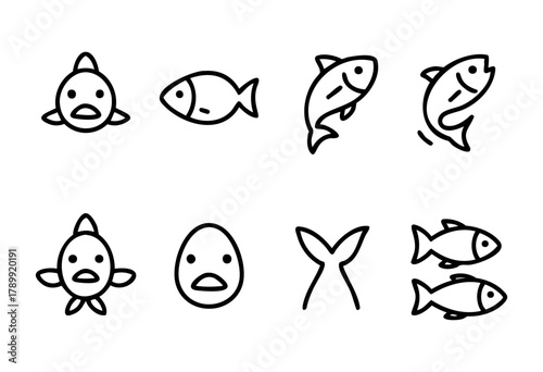 Collection of eight minimalist line art fish icons. Simple black outlines on a white background, depicting various fish shapes and positions, including swimming, jumping, and side views. Perfect for u