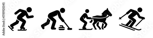 Silhouette icon set of winter sports: speed skating, curling, skijoring with horse, and alpine skiing. Bold pictogram style for signage, apps, or sport infographics. Vector illustration.