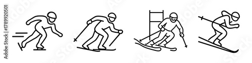 Winter sports icon collection featuring speed skating, cross-country skiing, slalom skiing, and downhill skiing. Clean linear illustrations for apps, infographics, and sport visuals. Vector format.