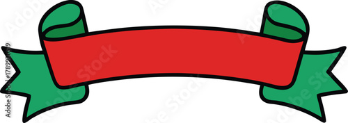 A red banner with green ends curves upward symmetrically against a white background. The bright colors suggest a festive and celebratory tone.