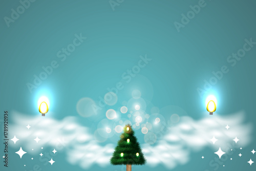 Happy new year Christmas background with christmas tree, lights and clouds. for banner, template flyer card, greeting card, copy space area Vector illustration eps 10