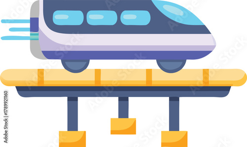 Illustration of a futuristic maglev train on an elevated track, conveying speed and innovation. The design is sleek with blue and purple hues.