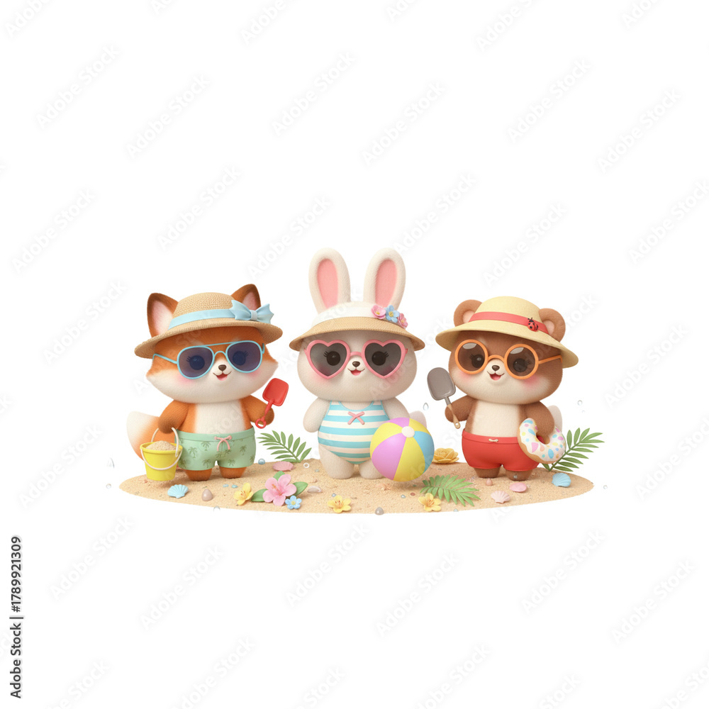 Fototapeta premium 3D cute animals in summer beach outfits, swimsuits, straw hats, sunglasses, tropical vibe, white background