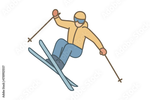Colorful illustration of a freestyle skier performing an aerial trick. Stylized vector design with dynamic posture, perfect for winter sports graphics or action-themed visuals.