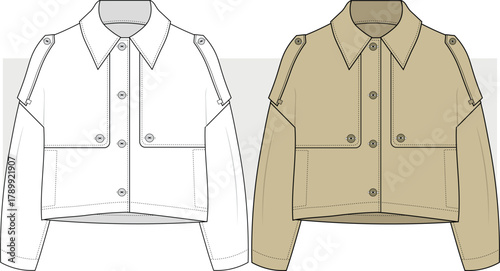 Women's Jacket Coat Technical Fashion Illustration. Double Breasted Cropped Trench Coat Flat Sketch, vector. Jacket Fashion Drawing, CAD, MOCKUP.