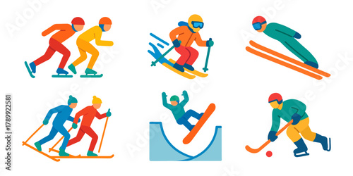 Set of colorful vector icons representing winter sports: speed skating, alpine skiing, ski jumping, cross-country skiing, snowboarding, and ice hockey