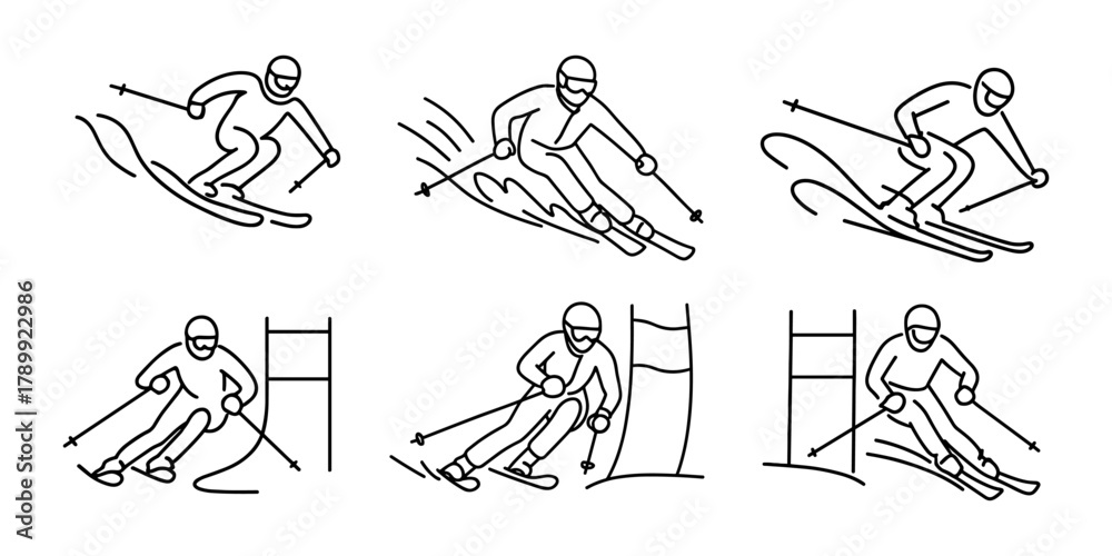 Obraz premium Black and white line illustrations of alpine skiers in dynamic poses, performing downhill runs and slalom turns. Figures wear helmets and goggles, navigating through snow or course gates