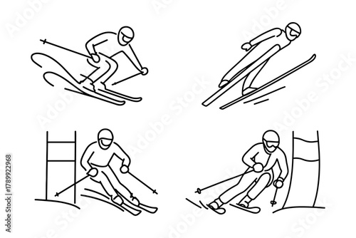 Set of black and white line drawings showing winter skiing disciplines: freestyle, ski jumping, slalom, and giant slalom. Athletes are depicted in motion with poles, skis, and gates