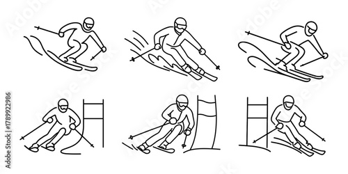 Black and white line illustrations of alpine skiers in dynamic poses, performing downhill runs and slalom turns. Figures wear helmets and goggles, navigating through snow or course gates