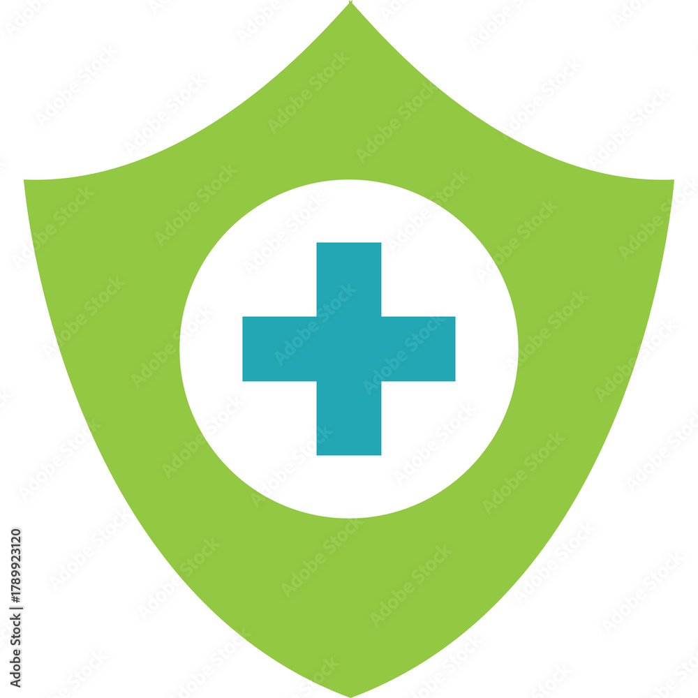 Obraz premium Green Shield Icon With Blue Medical Cross Symbol Inside White Circle On Transparent Background Healthcare Safety Concept