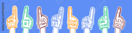 Outline fan foam fingers. Colourful gloves with number one. Hands up with figure 1. Crowd cheers and supports favourite football team with colored signs. Line art isolated vector illustration
